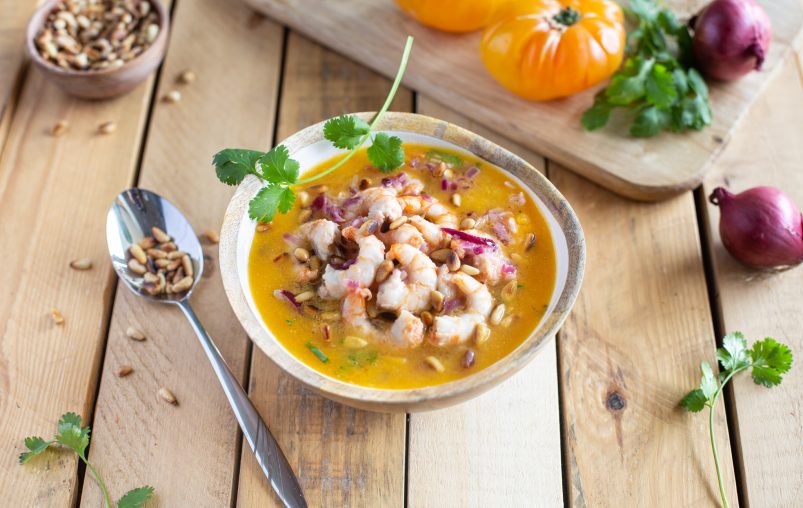 recipe-king prawns sauteed-in-a-pineapple-tomato-compote-with-grilled-pine-nuts-sea-salted-butter-grand-fermage
