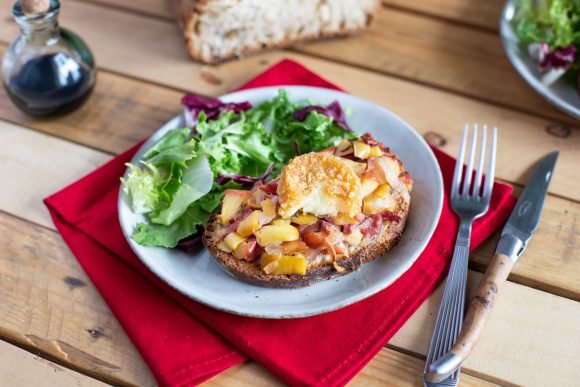 Gourmet apple, breaded camembert, and bacon toasties