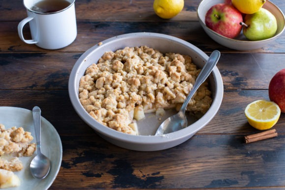 Apple and pear crumble with sea-salted butter