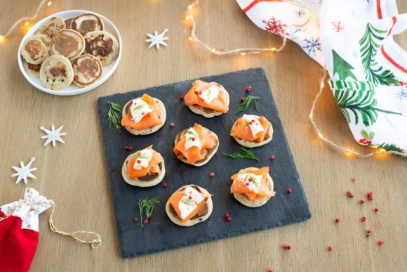 Buckwheat blinis with smoked salmon