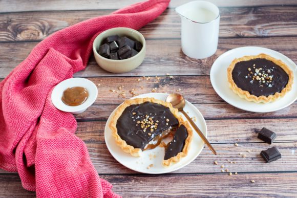 Salted butter caramel and chocolate tarts