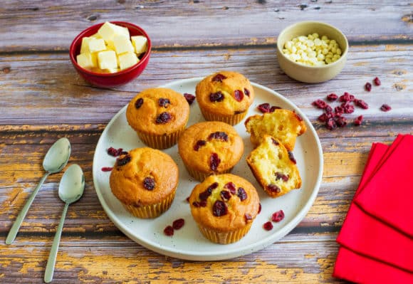White chocolate and cranberry muffins