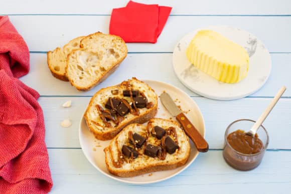 Indulgent chocolate and salted caramel tartine