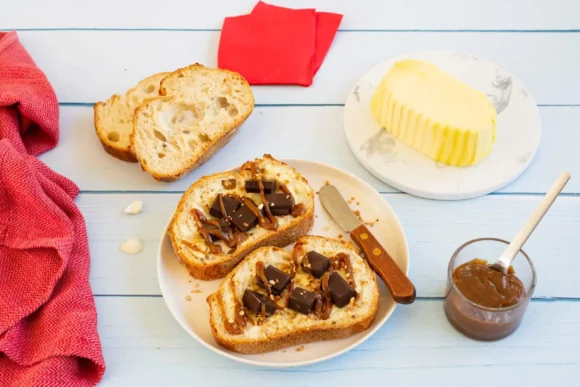 Indulgent chocolate and salted caramel tartine
