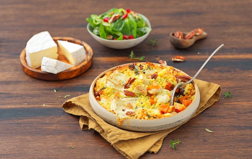 Sweet potato crumble with crispy camembert